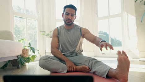 Man,-stretching-and-touch-foot-for-yoga-at-home