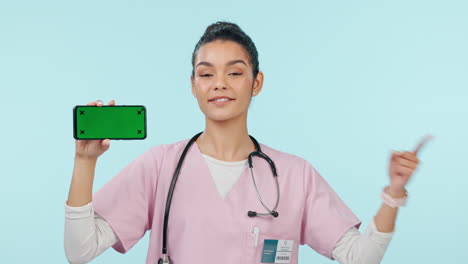 Enfermera,-Mujer-Y-Teléfono-Con-Pantalla-Verde