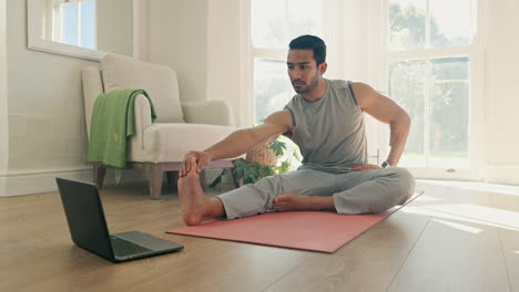 Man,-yoga-and-stretching-on-computer-for-home