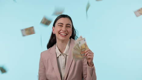 Smile,-lottery-and-raining-money-with-a-woman