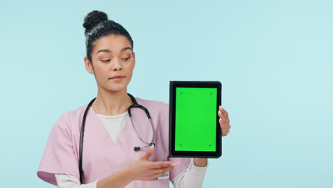 Enfermera,-Mujer-Y-Tableta-Con-Pantalla-Verde