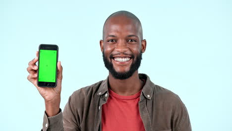 Happy-face,-phone-and-black-man-on-green-screen