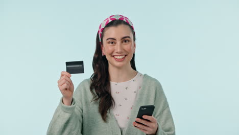 Portrait,-phone-and-credit-card-with-a-woman