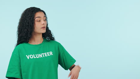 Woman,-face-and-hand-pointing-of-volunteer-show