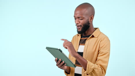 Happy-black-man,-tablet-and-research-in-social