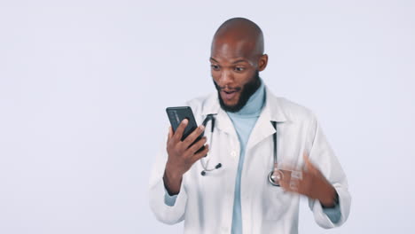 Excited,-doctor-and-a-black-man-with-a-phone