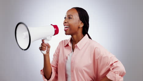 Woman,-megaphone-and-voice-for-announcement