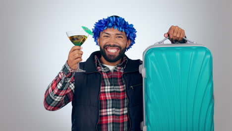 Man,-dance-with-cocktail-and-suitcase-for-travel