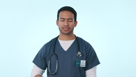 Asian-man,-doctor-and-headache-in-stress