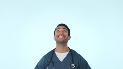 Hombre-Asiático,-Doctor-Y-Apuntando-Hacia-Arriba-En-Publicidad