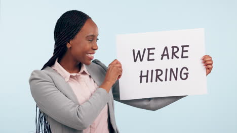 Happy-black-woman,-poster-and-hiring-sign