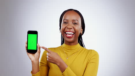 Woman,-face-and-phone-green-screen-for-marketing