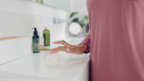 Hands,-face-and-cream,-woman-in-bathroom