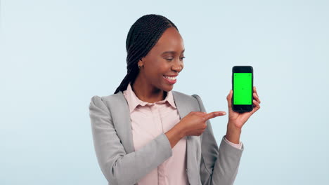 Business-woman,-phone-and-green-screen-in-OK