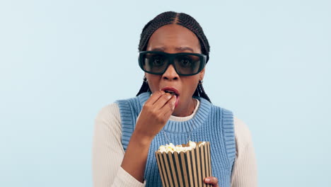 Woman,-popcorn-and-3d-cinema-in-studio-for-movie