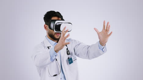 Doctor-man,-vr-glasses-and-health-hands-in-studio