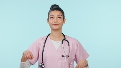 Health,-doctor-and-woman-is-pointing-up