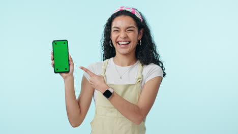 Woman,-phone-green-screen-and-yes-for-social-media