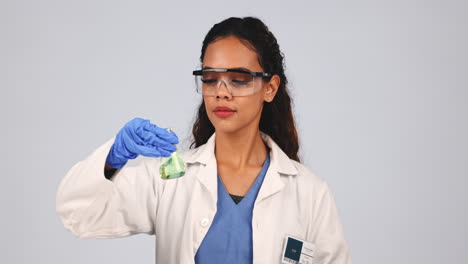 Science,-thumbs-down-and-chemical-with-woman