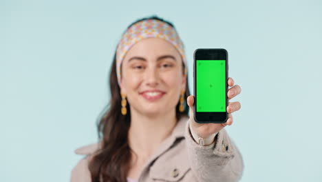 Woman,-portrait-and-green-screen-with-phone