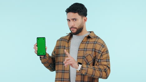 Man,-phone-green-screen-and-no-for-wrong-decision