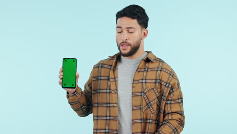 Face-of-man,-show-or-green-screen-on-a-phone