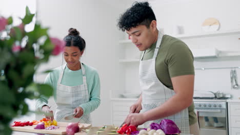 Cooking,-vegetables-and-couple-with-food