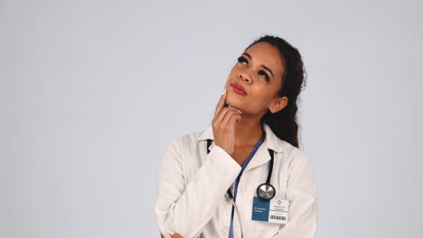 Doctor,-woman-thinking-and-wow-for-presentation