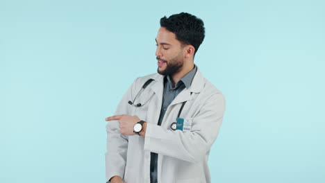 Medical-doctor,-pointing-and-a-serious-man