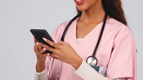 Nurse-hands,-phone-and-healthcare-communication
