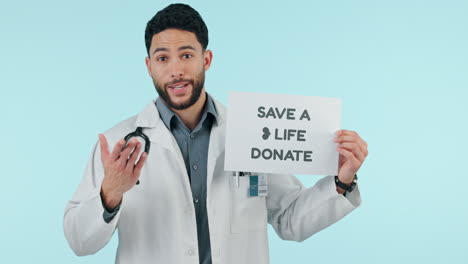 Donate,-poster-and-man-doctor-with-medical-request