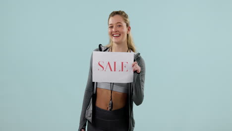 Woman,-sale-sign-and-gym-promotion