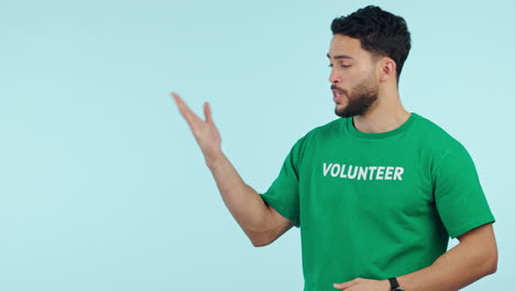 Advertising,-man-and-volunteer-palm-gesture