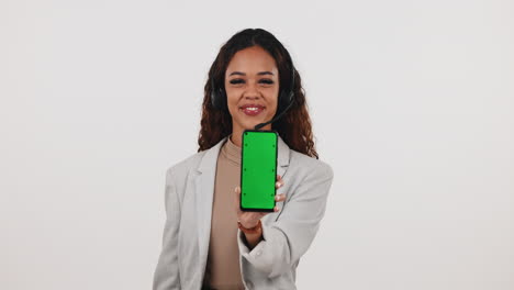 Phone,-call-center-and-woman-with-green-screen