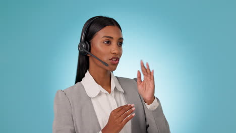 Call-center,-talking-and-woman-in-studio