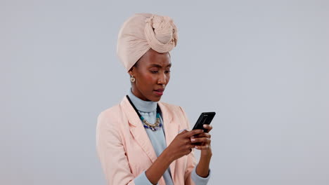 Serious,-black-woman-and-smartphone-with-stress