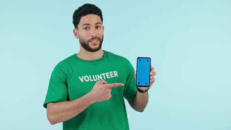 Man,-volunteering-and-phone-green-screen-for-eco