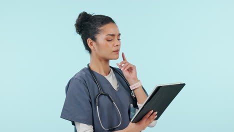 Krankenschwester,-Denkende-Frau-Und-Tablet-Für-Medizinische-Zwecke