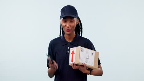 Delivery-woman,-box-and-phone-call