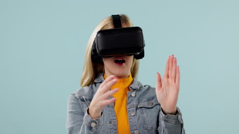 Virtual-reality,-woman-and-surprise-with-3D