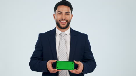 Face,-business-man-and-green-screen-of-phone
