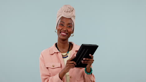 Tablet,-smile-and-scrolling-with-a-black-woman