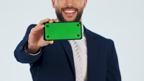 Pointing,-business-man-and-green-screen-of-phone