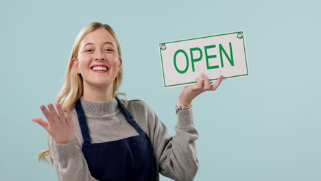 Open-sign,-woman-pointing-and-face-with-shop