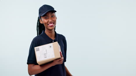 Package,-happiness-and-black-woman-point
