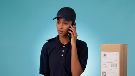 Phone-call,-box-of-courier-and-angry-woman-talk