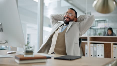 Business-man,-stretching-and-happy-on-computer