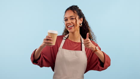 Woman,-barista-and-coffee-with-thumbs-up