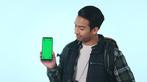 Happy-asian-man,-phone-and-green-screen