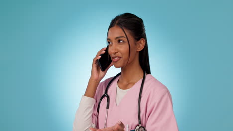 Phone-call,-telehealth-and-woman-nurse-in-studio